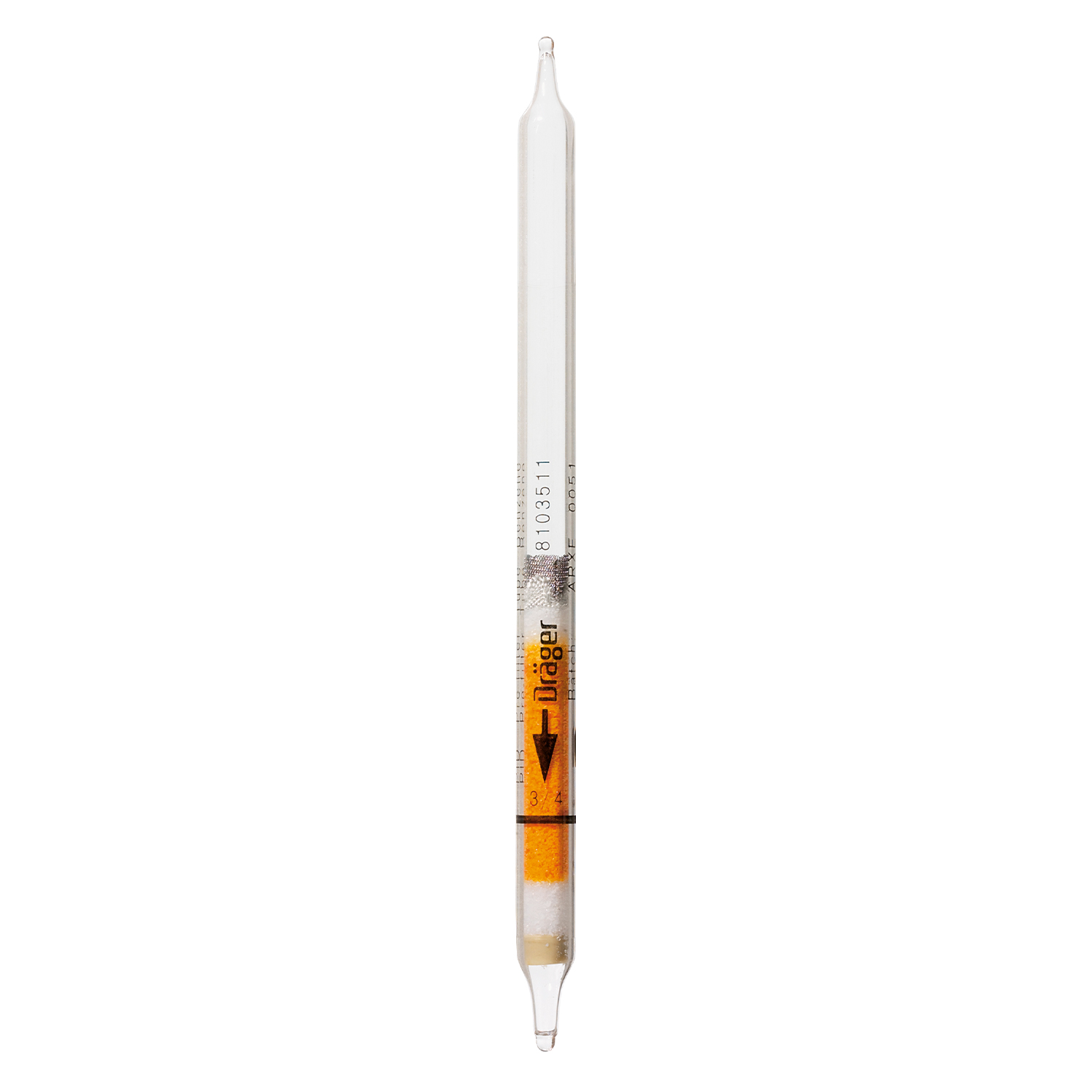 Glasröhre mit orangefarbenem Mittelteil und Beschriftung Dräger auf weißem Hintergrund