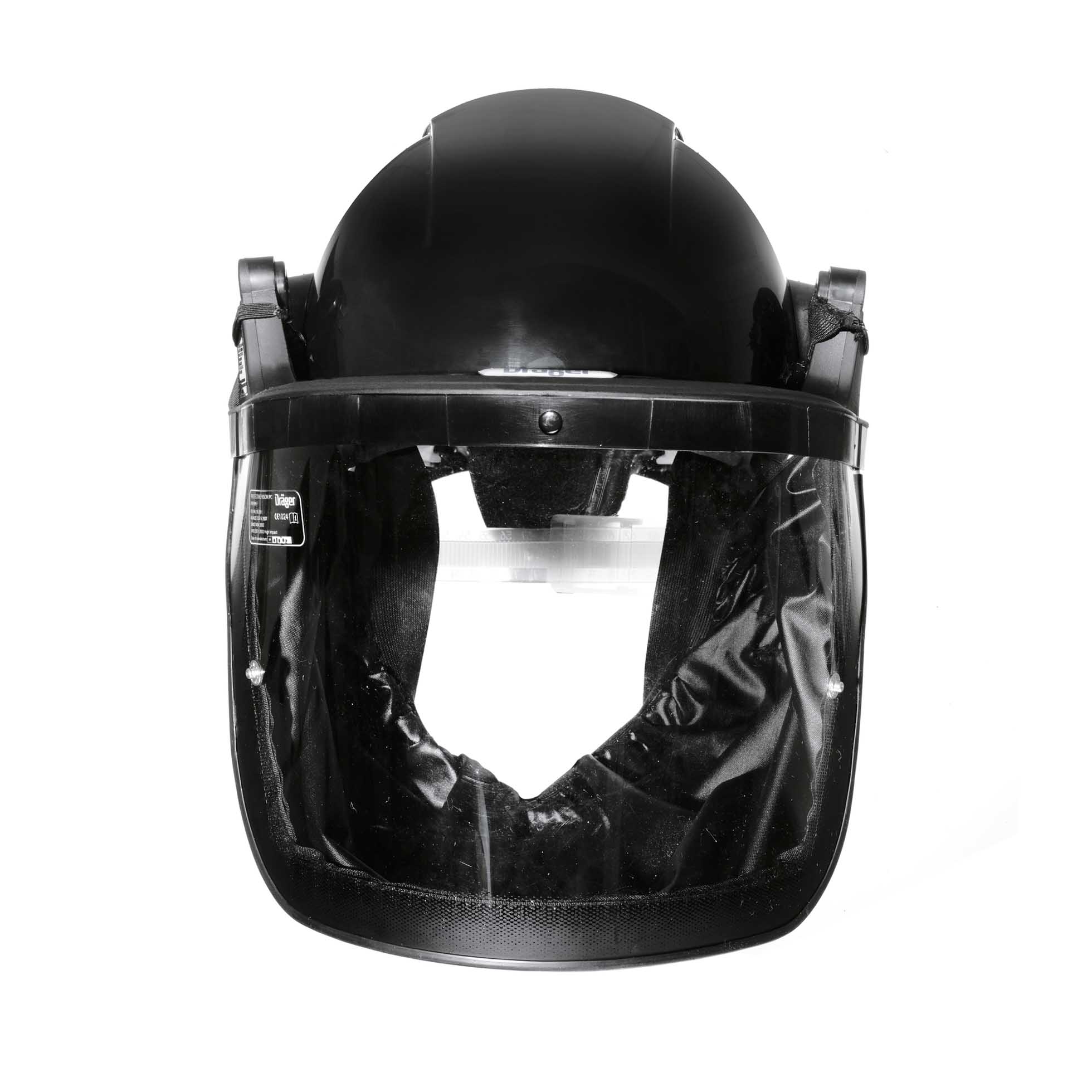 Schwarzer Schutzhelm mit integriertem durchsichtigen Visier und flexiblem Hals- und Gesichtsbereich, sichtbar aus der Frontansicht