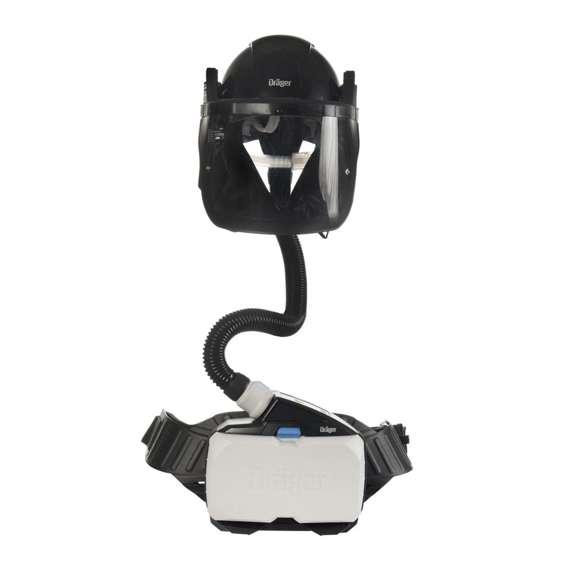 Schwarzes Dräger Helm mit klarem Visier verbunden mit weißem Gebläsefiltergerät und Schlauch