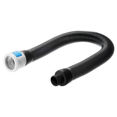 Zwarte flexibele geribbelde slang met witte aansluiting en blauwe knop van Dräger X-plore 8000 ventilatiefilterapparaat