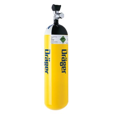 Eine gelbe Druckluftflasche mit dem Aufdruck Dräger und einem Ventil oben